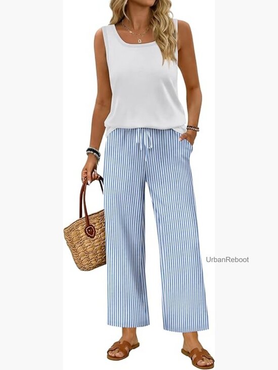 Pants - Women's 2 Piece Set Summer Travel Outfits Tank Top Wide Leg Pants Lounge Set